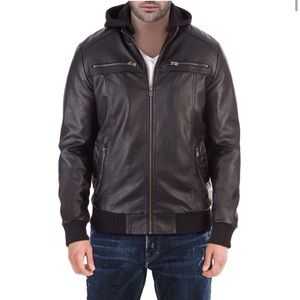 Men’s Faux Leather Hooded Bomber Jacket Size S